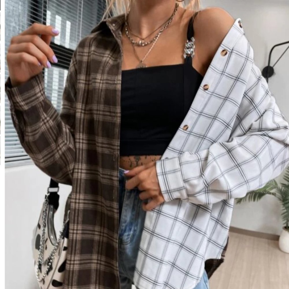 Drop Shoulder Color Block Plaid Flannel(M) |*SEXY, FUNKY, FUN-WEAR it MANY WAYS*